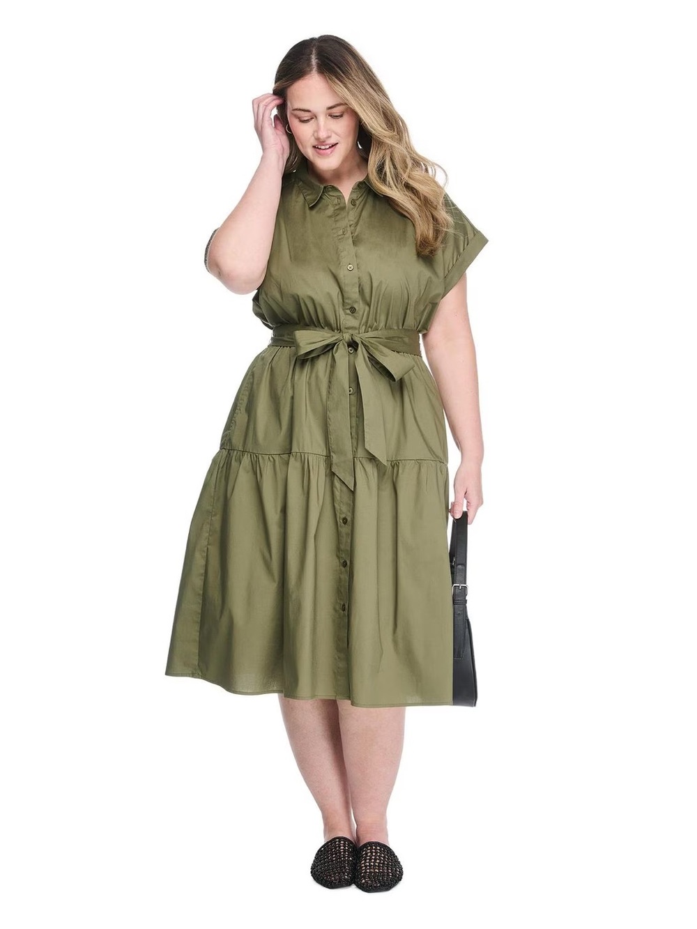 Lane Bryant 2X Beige Belted Button Front Midi Shirt Dress NWT